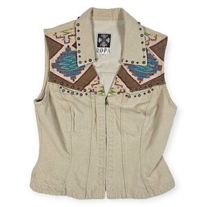 Hairston Roberson Ropa Cream Western‎ Aztec Studded Jean Vest Women's Size Small